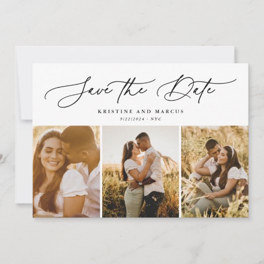 Stijlvol, modern script, 3-Photo Multi Save The Date (Voorkant)