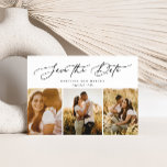 Stijlvol, modern script, 3-Photo Multi Save The Date<br><div class="desc">Deze elegant bewaart de datumeigenschappen 3 foto's met gracieus modern calligrafiekmanuscript. Voeg extra details aan de rug toe.</div>