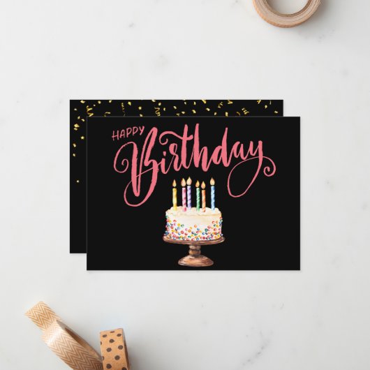 Stijlvol Modern Script Kleurrijke Happy Birthday Notitiekaartje (Voorkant / Achterkant in situ)