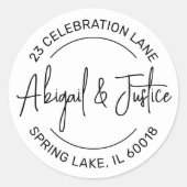 Stijlvol Modern Script Rond Retouradres Bruiloft Ronde Sticker (Voorkant)