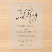 Stijlvol modern script zwart-wit bruiloft acryl uitnodigingen (Voorkant)