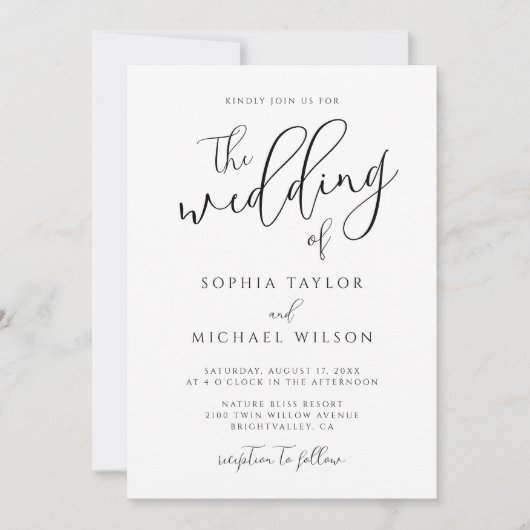 Stijlvol modern script zwart-wit bruiloft kaart (Voorkant)