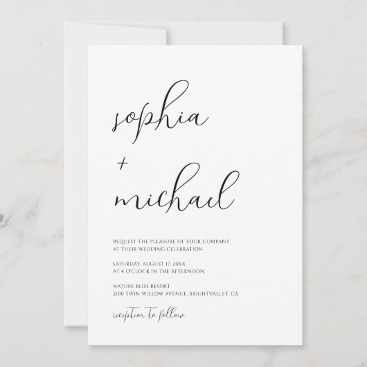 Stijlvol modern script zwart-wit bruiloft kaart (Voorkant)