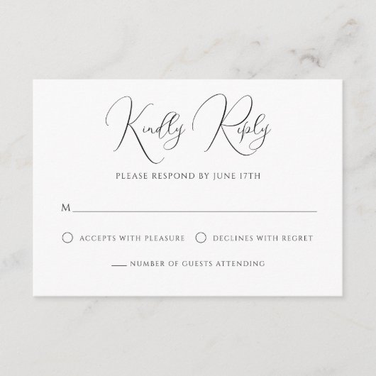 Stijlvol modern script zwart-wit bruiloft RSVP kaartje (Voorkant)
