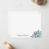 Stijlvol Modern Sky Blue Peach Coral Floral Script Notitiekaartje (Voorkant / Achterkant in situ)