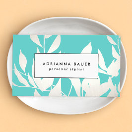 Stijlvol modern wit en turquoise bladeren patroon visitekaartje