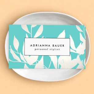 Stijlvol modern wit en turquoise bladeren patroon visitekaartje