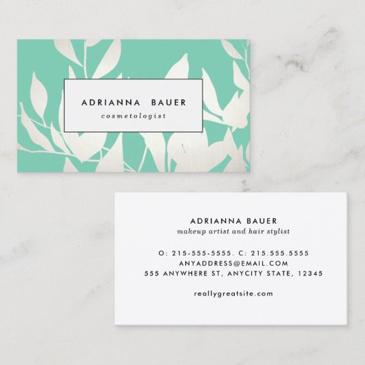 Stijlvol modern zilver & munt groen blad patroon visitekaartje (Voorkant / Achterkant)