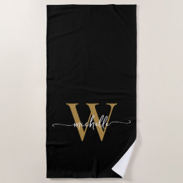 Stijlvol Modern Zwart Gouden Monogram Naam Script Strandlaken