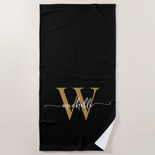 Stijlvol Modern Zwart Gouden Monogram Naam Script Strandlaken (Voorkant)
