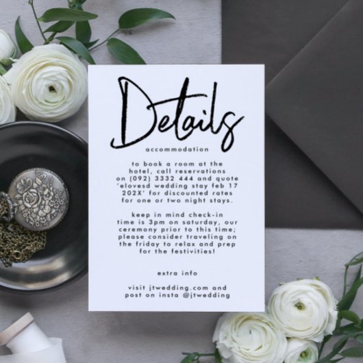 Stijlvol, modern, zwart, rond huwelijk informatiekaartje