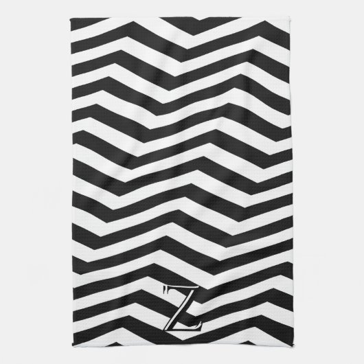 Stijlvol Modern Zwart Wit Chevron Pattern Initiaal Theedoek (Verticaal)