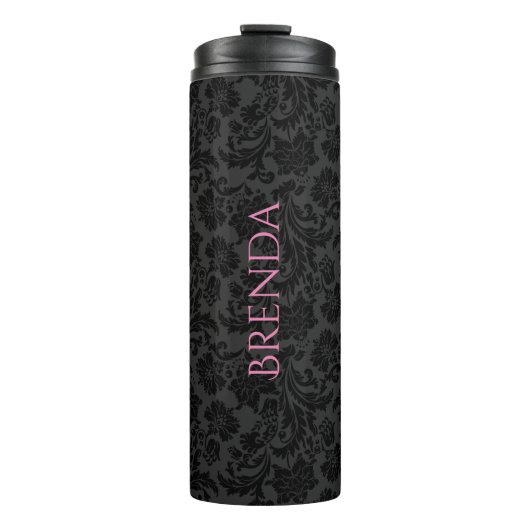 Stijlvol monochromatisch zwart en grijs damast pat thermosbeker (Voorkant)