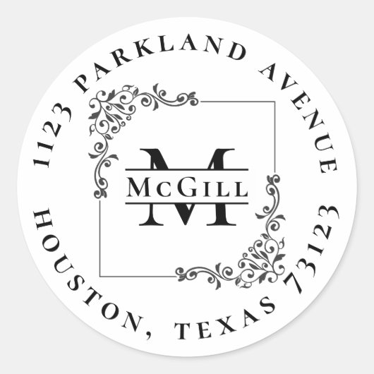 Stijlvol Monogram & Achternaam Rond Terugkeeradres Ronde Sticker (Voorkant)