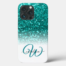 Stijlvol monogram aqua glitter naam wit Case-Mate iPhone case