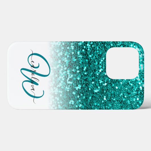 Stijlvol monogram aqua glitter naam wit Case-Mate iPhone case (Achterkant (horizontaal))
