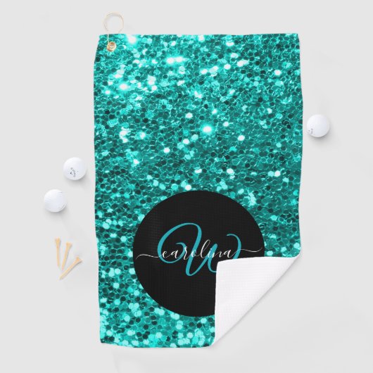 Stijlvol monogram aqua glitter naam zwart golfhanddoek (Insitu)
