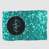 Stijlvol monogram aqua glitter naam zwart golfhanddoek (Horizontaal)
