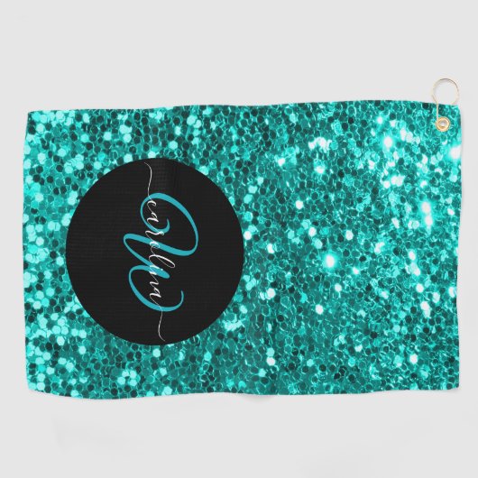 Stijlvol monogram aqua glitter naam zwart golfhanddoek (Horizontaal)