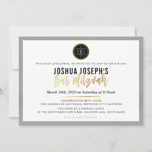 STIJLVOL MONOGRAM BAR MITZVAH zwart goud script Kaart (Voorkant)