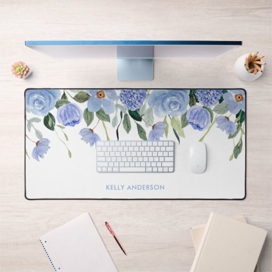 Stijlvol Monogram Blauw bloemenschildering rand Bureaumat (Kantoor 1)
