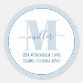 Stijlvol Monogram Blauw Eenvoudig Retouradres Ronde Sticker (Voorkant)