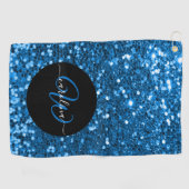 Stijlvol monogram blauw glitter naam zwart golfhanddoek (Horizontaal)