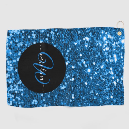 Stijlvol monogram blauw glitter naam zwart golfhanddoek (Horizontaal)