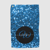 Stijlvol monogram blauw glitter naam zwart golfhanddoek (Voorkant)