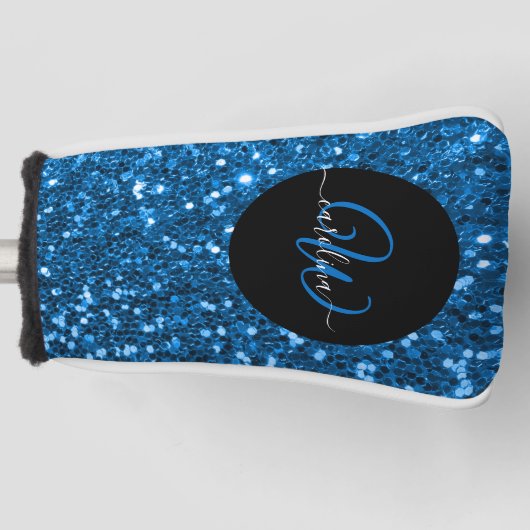 Stijlvol monogram blauw glitter naam zwart golfheadcover (Voorkant)