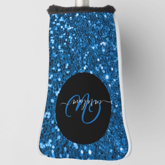 Stijlvol monogram blauw glitter naam zwart golfheadcover (Draai 90)