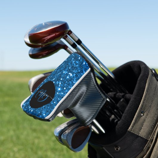 Stijlvol monogram blauw glitter naam zwart golfheadcover (Insitu)