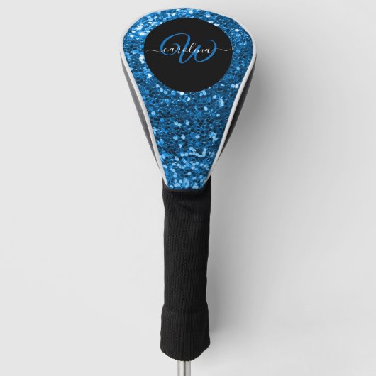 Stijlvol monogram blauw glitter naam zwart golfheadcover (Voorkant)