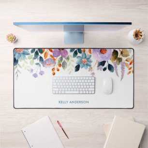 Stijlvol Monogram Blauw Paarse Waterverf bloemig Bureaumat