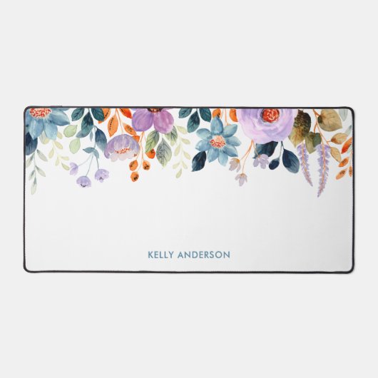 Stijlvol Monogram Blauw Paarse Waterverf bloemig Bureaumat (Voorkant)