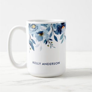 Stijlvol Monogram Blauwe Aquarel bloemmotief Koffiemok
