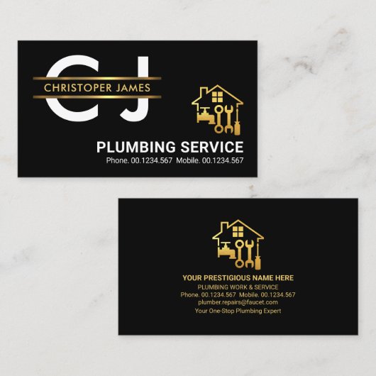Stijlvol Monogram Gold Placard Border Plumber Visitekaartje (Voorkant / Achterkant)