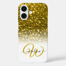 Stijlvol monogram goud glitter naam wit iPhone 16 hoesje