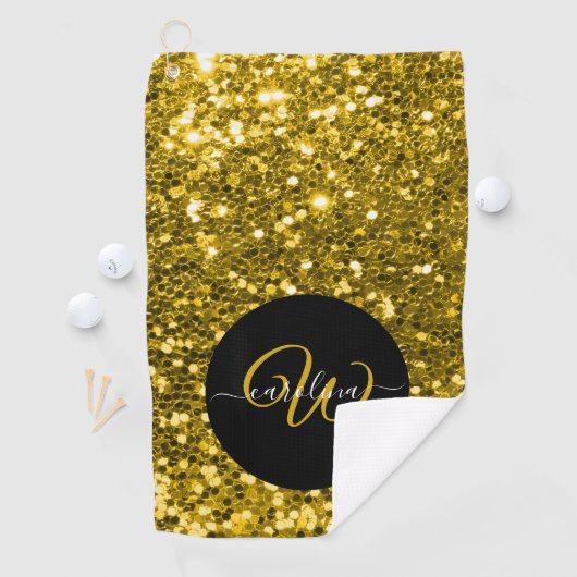 Stijlvol monogram goud glitter naam zwart golfhanddoek (Insitu)