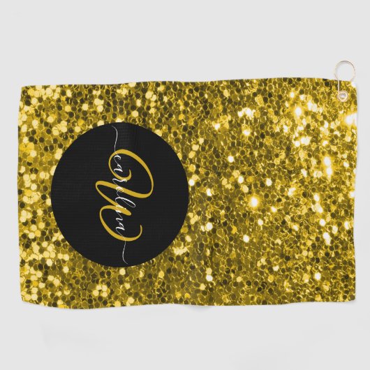 Stijlvol monogram goud glitter naam zwart golfhanddoek (Horizontaal)