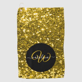 Stijlvol monogram goud glitter naam zwart golfhanddoek
