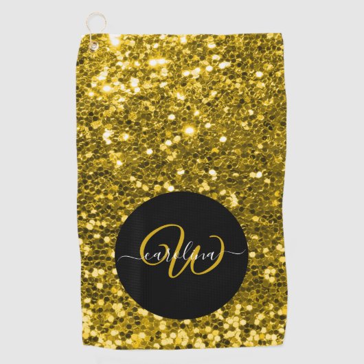 Stijlvol monogram goud glitter naam zwart golfhanddoek (Voorkant)