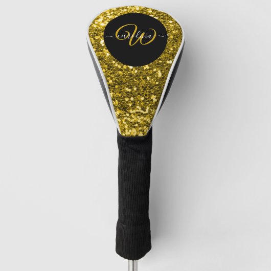 Stijlvol monogram goud glitter naam zwart golfheadcover (Voorkant)