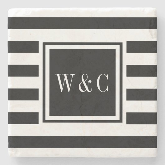 Stijlvol monogram Initiaal Black White Stripe Stenen Onderzetter (Voorkant)