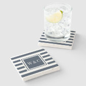 Stijlvol monogram Initiaal Navy Blue White Stripe Stenen Onderzetter (Zijkant)