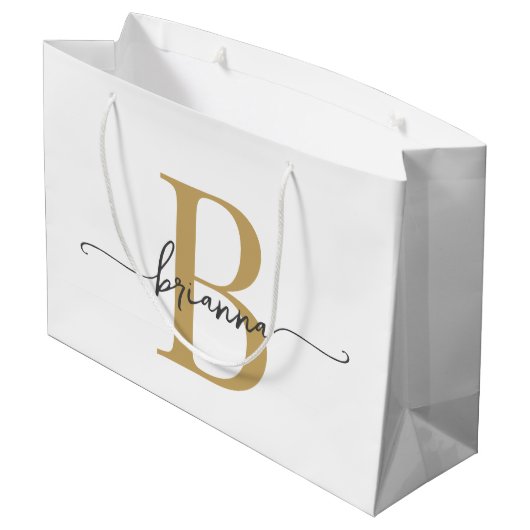 Stijlvol Monogram Initiaal Script Modern Wit Goud Groot Cadeauzakje (Achterkant Gekanteld)
