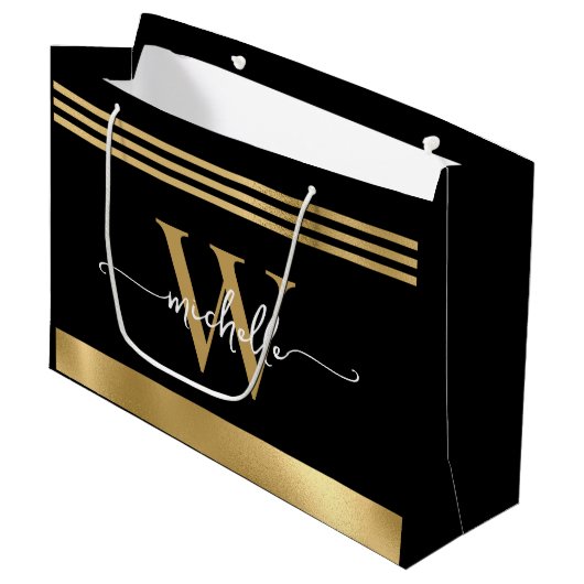 Stijlvol Monogram Initiaal Script Zwart Goud Gestr Groot Cadeauzakje (Voorkant Gekanteld)