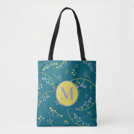 Stijlvol monogram lila geel bessenpatroon tote bag
