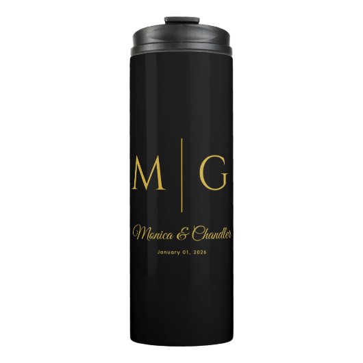 Stijlvol monogram met koppelnaam zwart thermosbeker (Voorkant)