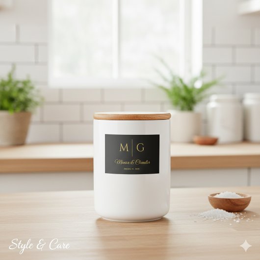 Stijlvol Monogram Met Naam Van Koppel Zwart Voedselcontainer Etiket